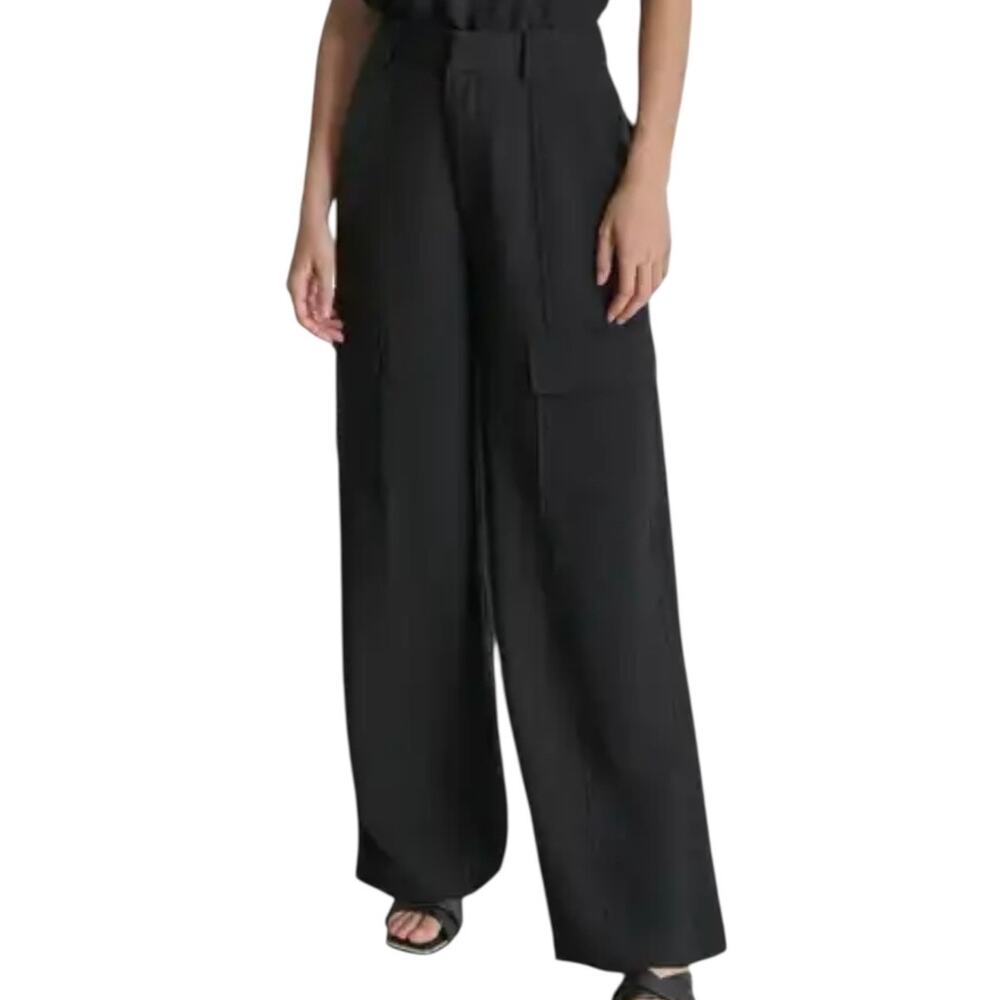 DKNY Women’s Crinkle Texture Wide Leg Cargo Dress Pants Black Size 8